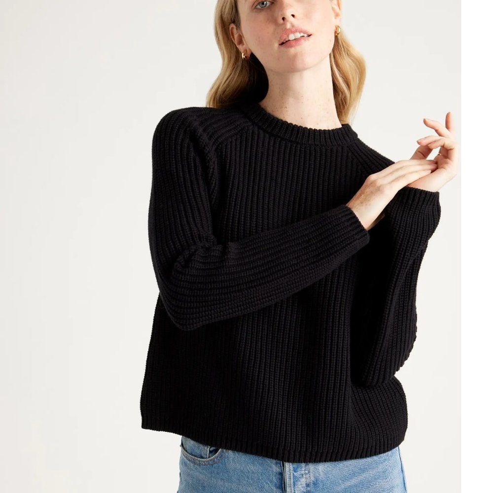 Quince Black Cotton Fisherman Crew Sweater